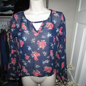 CHIC HAPPENS BLUE FLORAL BLOUSE TOP 3/4 SLEEVES XS
